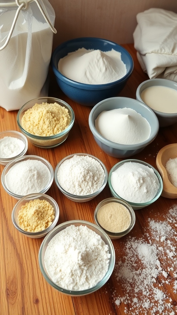 Different types of yeast in bowls on a kitchen counter, surrounded by baking ingredients.